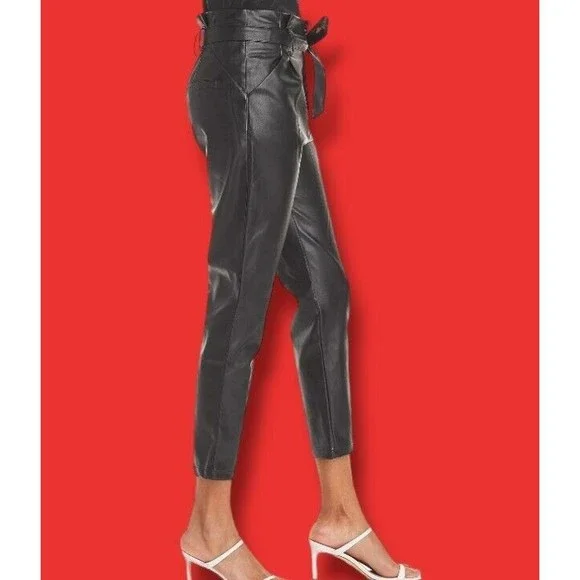 Lucy Paris Belted Paper Bag Waist Black Faux Leather High Rise Womens Sz L Pant - Picture 4 of 16